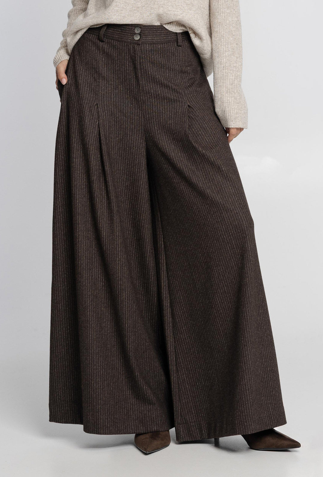 Campione Beige Jumper and Brown Pinstripe Palazzo Trousers Co-ord
