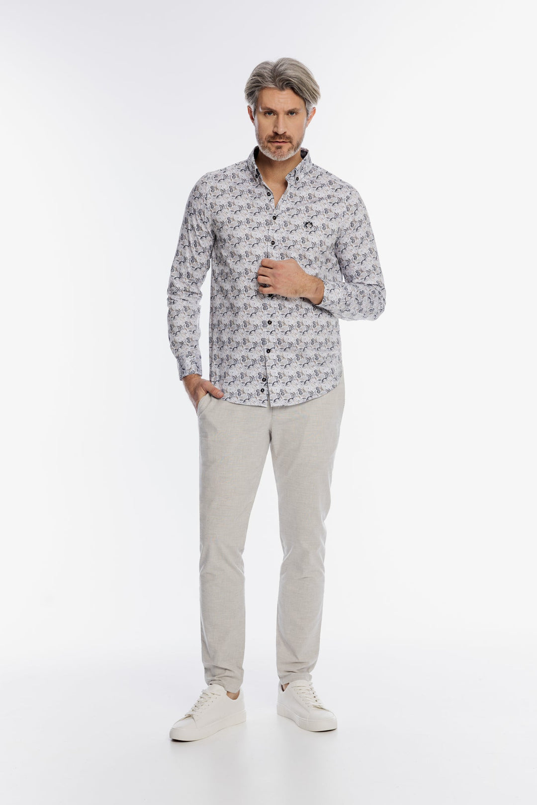 Alberto Men's Light Grey Trousers in Fine Check