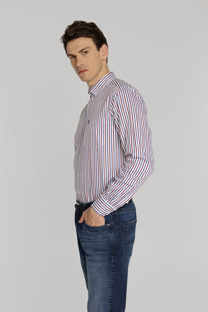 Męska koszula w czerwono-granatowe paski Modern Fit