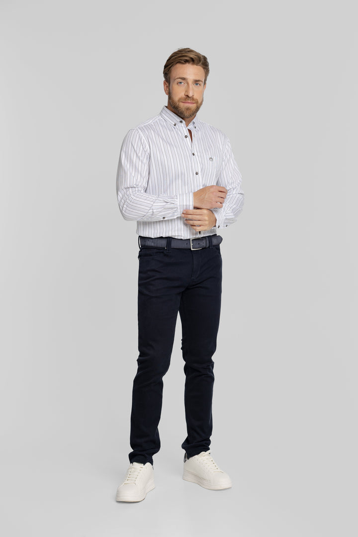 Biała koszula męska w granatowe prążki Button Down Modern Fit
