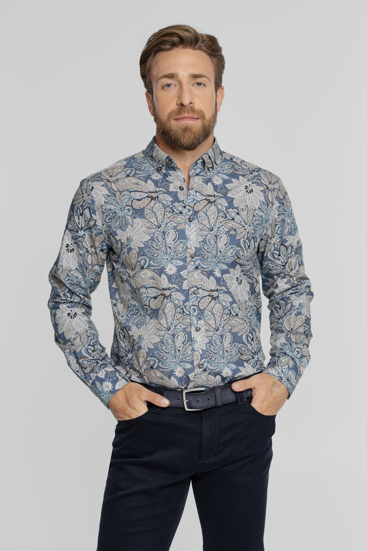 Niebieska koszula męska w kwiatowy wzór Button Down Regular Fit
