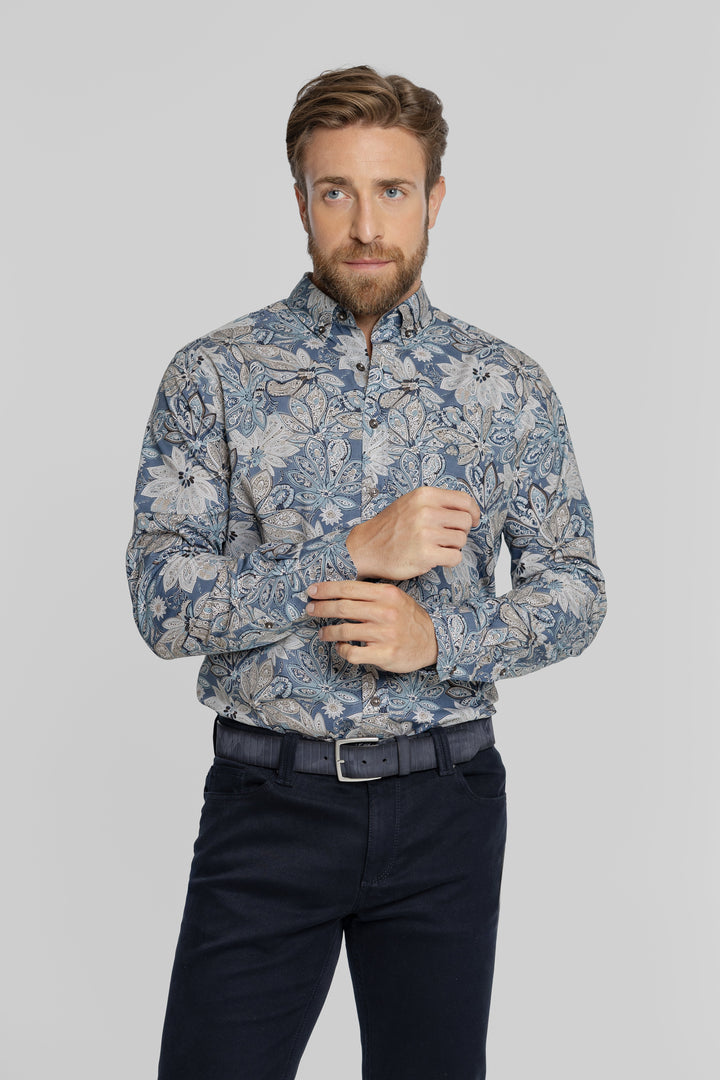 Niebieska koszula męska w kwiatowy wzór Button Down Regular Fit