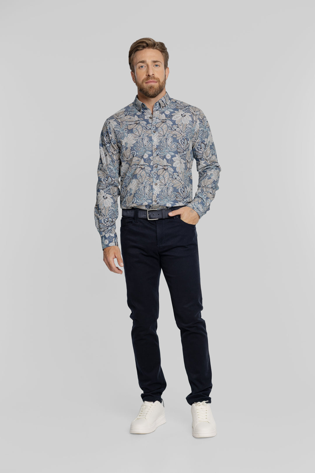 Niebieska koszula męska w kwiatowy wzór Button Down Regular Fit