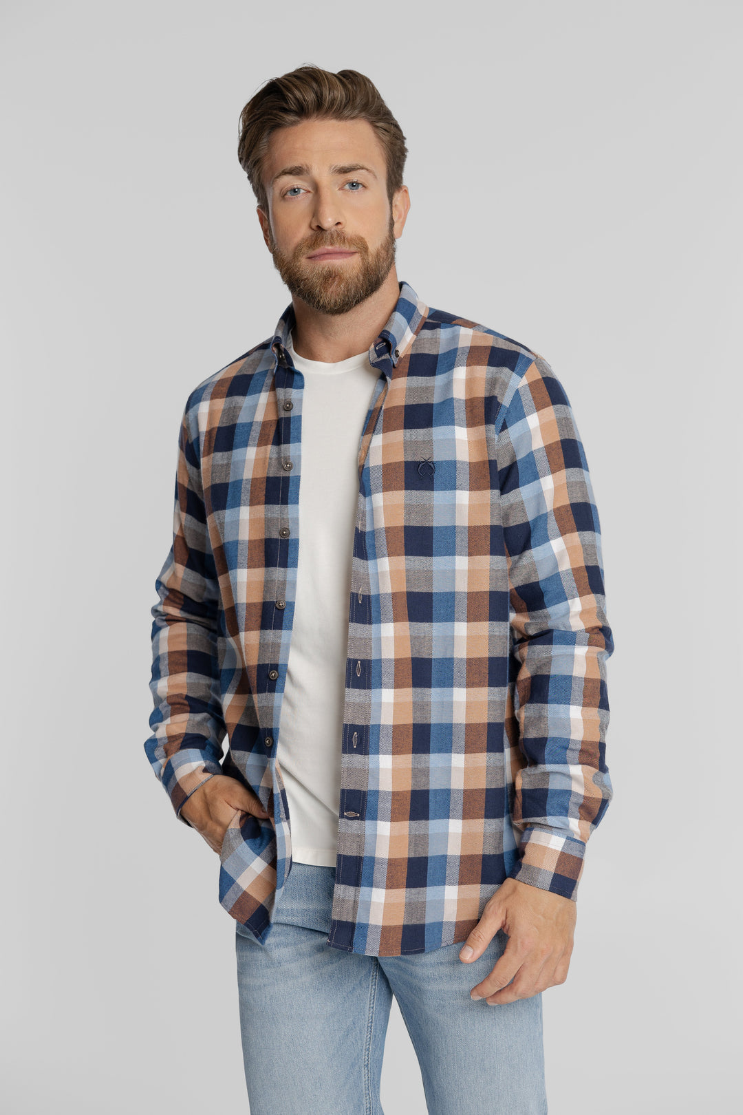 Koszula męska w kratę granatowo-beżową Button Down Regular Fit