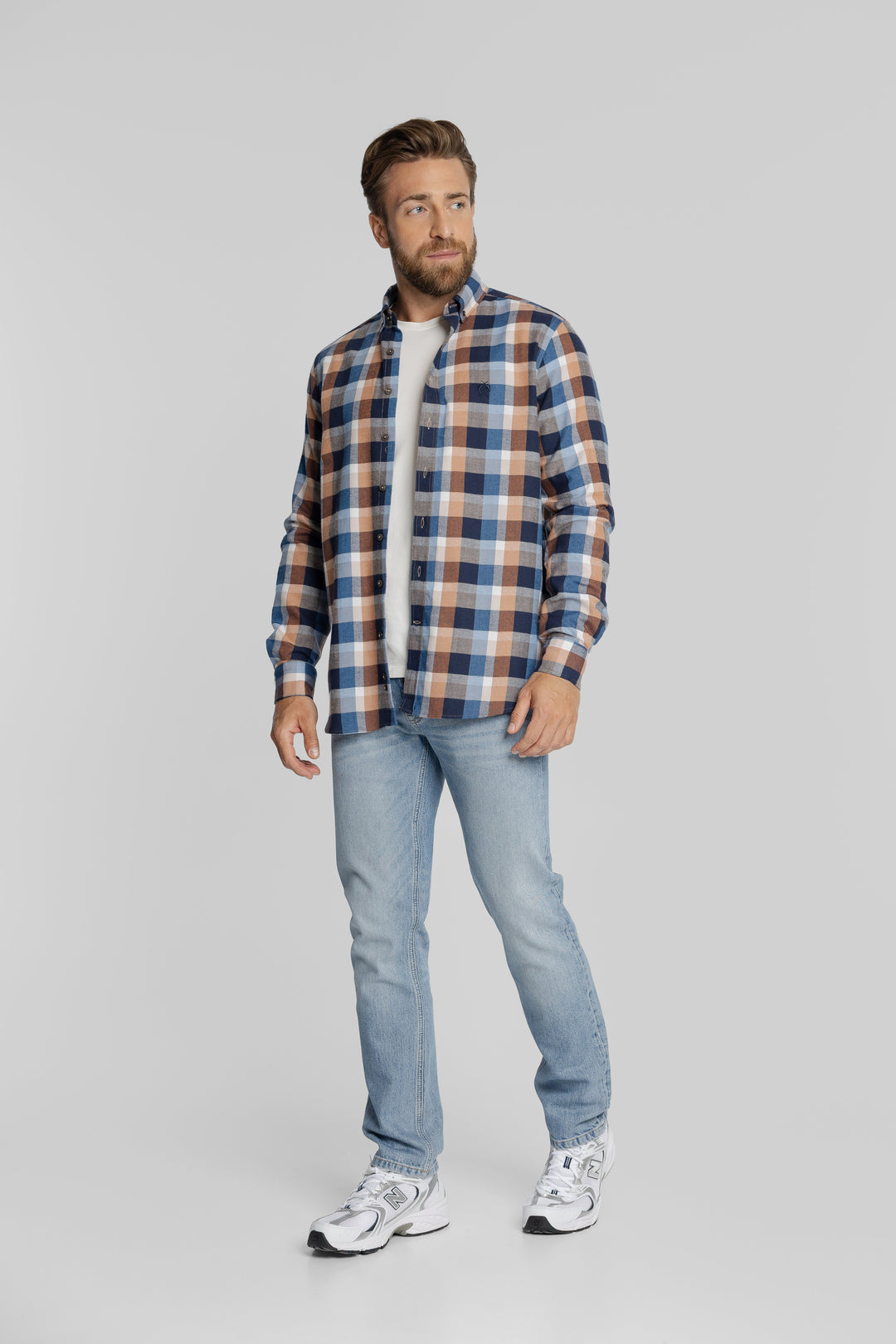Koszula męska w kratę granatowo-beżową Button Down Regular Fit