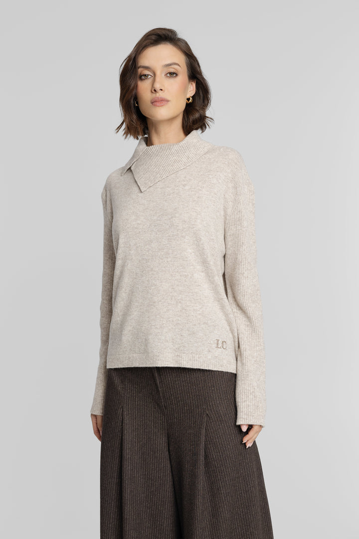 Campione Beige Jumper and Brown Pinstripe Palazzo Trousers Co-ord