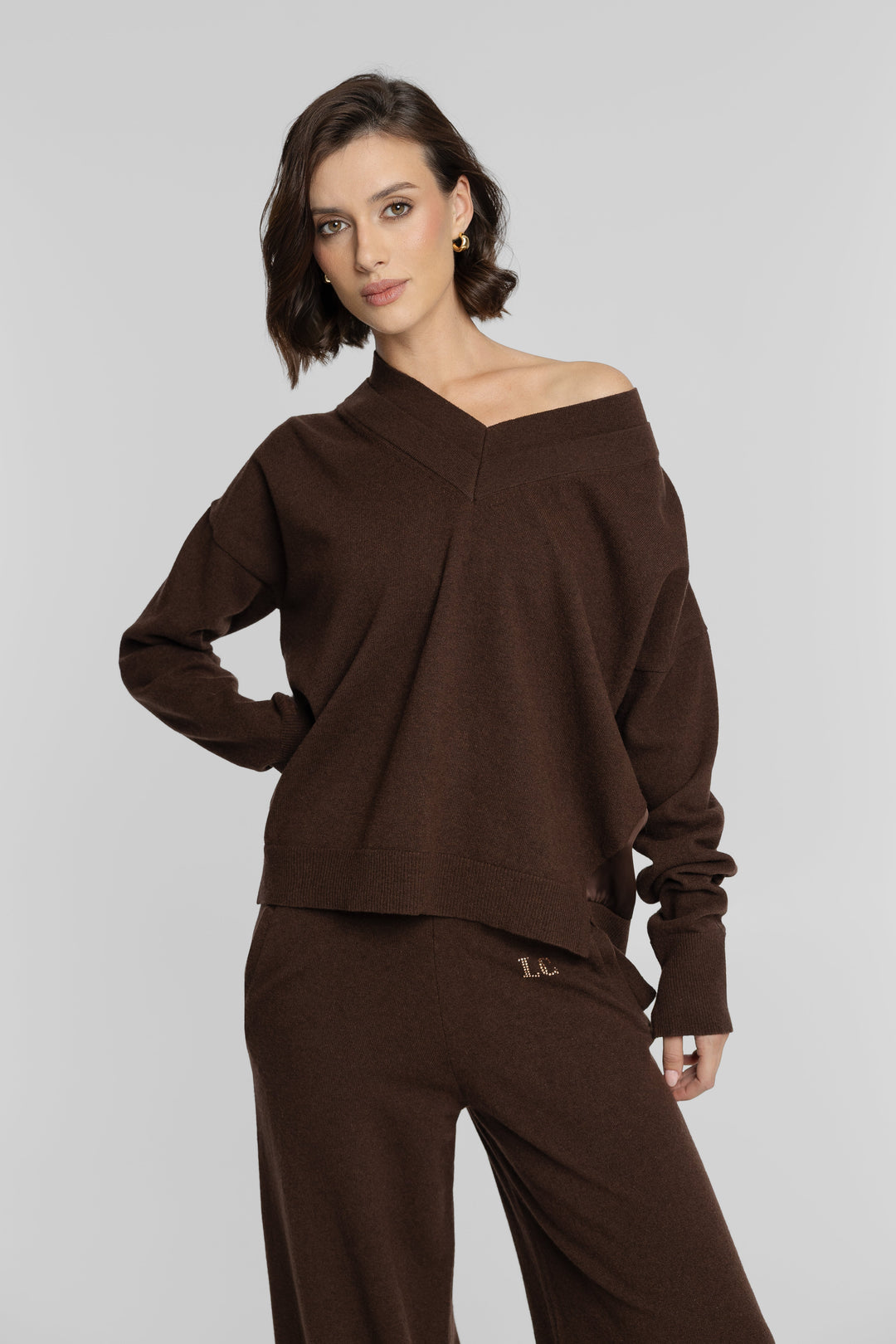 Campione Schokoladenbraunes Strick-Set mit Pullover und Hose