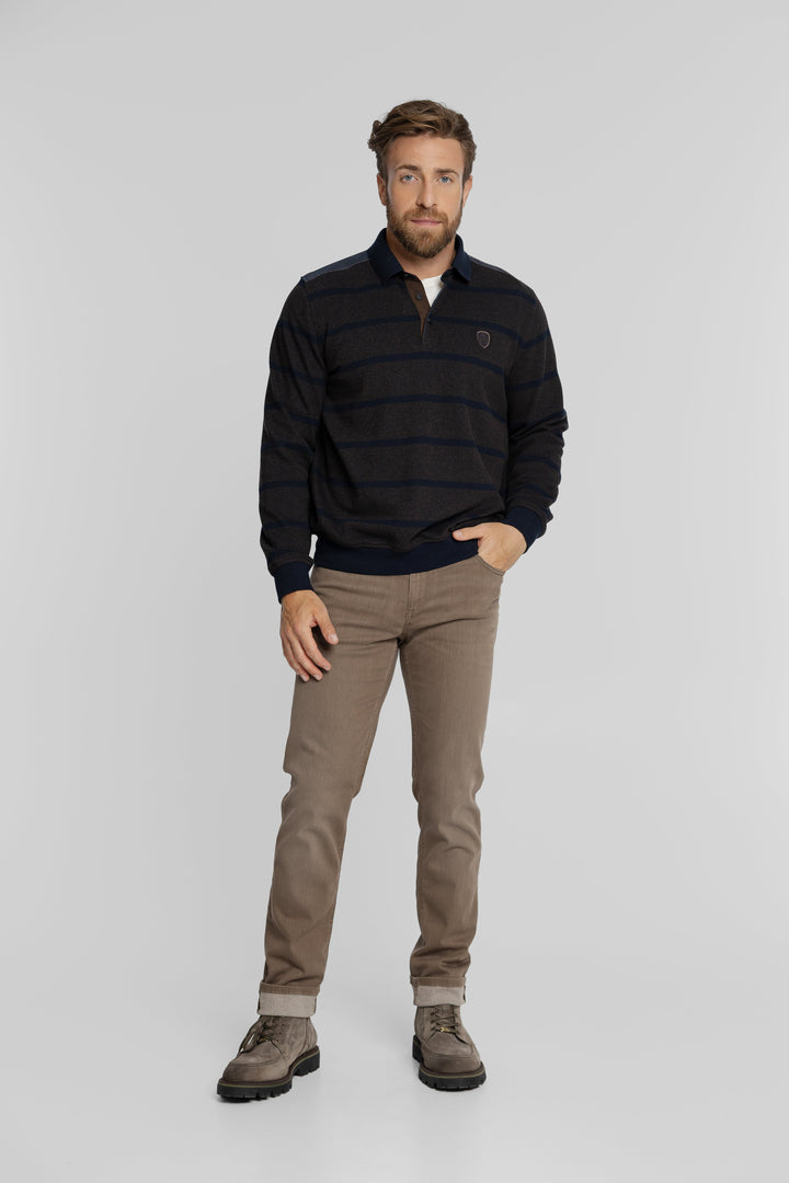 Męska bluza polo w granatowo-brązowe pasy z długim rękawem Regular Fit