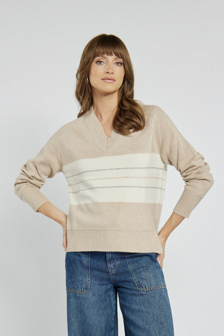Beige Jumper with a V-neck and Stripes