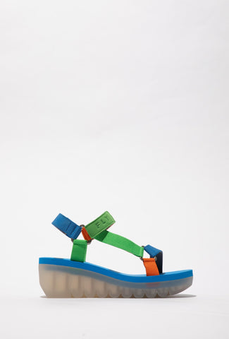 Sandales à talons hauts de la marque FLY, aux couleurs bleu, vert et orange