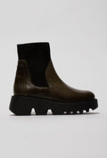 Stiefeletten aus olivem Leder mit Strickschaft