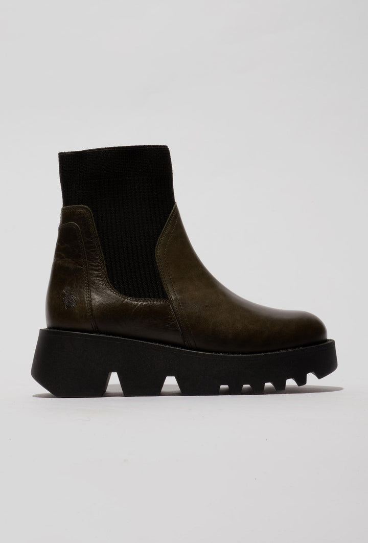 Stiefeletten aus olivem Leder mit Strickschaft