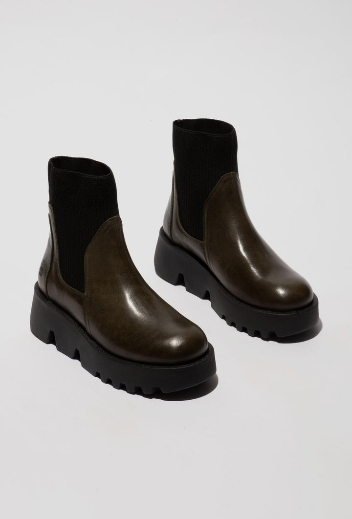 Stiefeletten aus olivem Leder mit Strickschaft