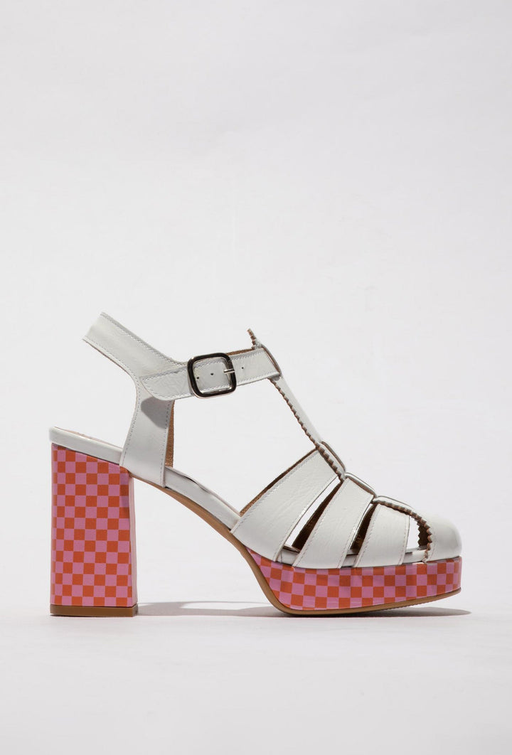 Weiße Sandalen auf buntem Blockabsatz FLY LONDON