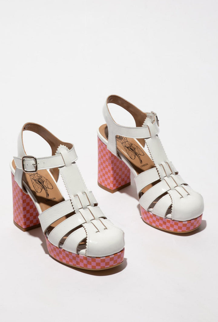 Weiße Sandalen auf buntem Blockabsatz FLY LONDON