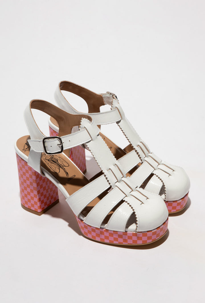 Weiße Sandalen auf buntem Blockabsatz FLY LONDON