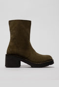 Olive Suede Ankle Boots on a Block Heel