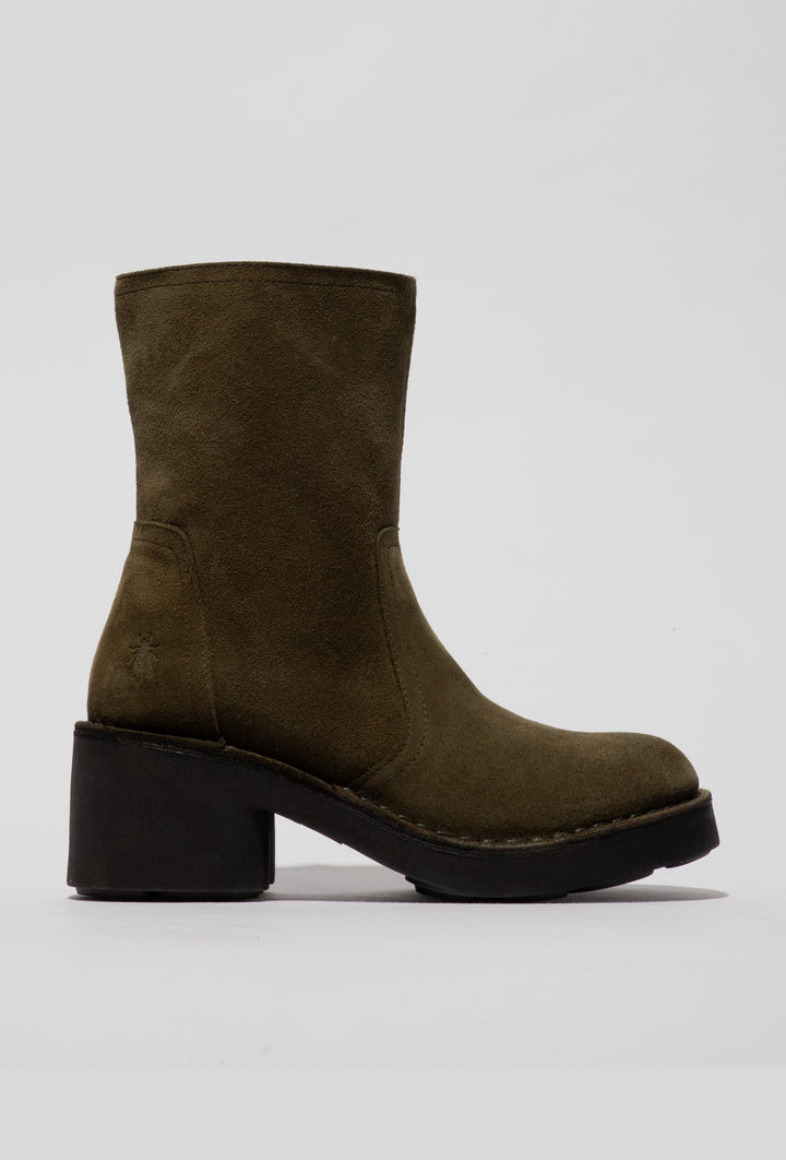 Olive Suede Ankle Boots on a Block Heel