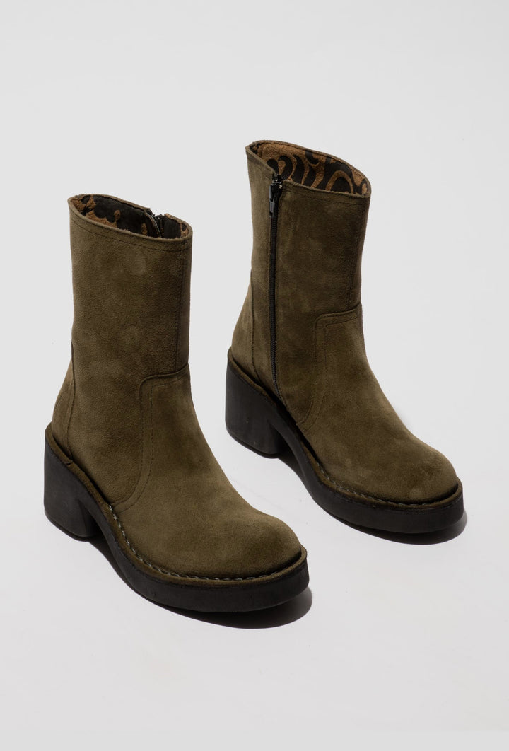 Olive Suede Ankle Boots on a Block Heel