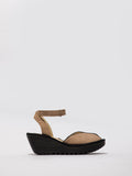 Brown Shoes with a High Wedge and Ankle Fastening