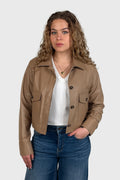 Cropped Leather Jacket with Gathering in Cappuccino