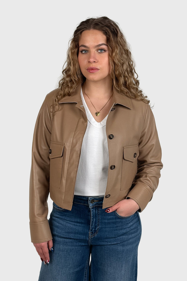Cropped Leather Jacket with Gathering in Cappuccino