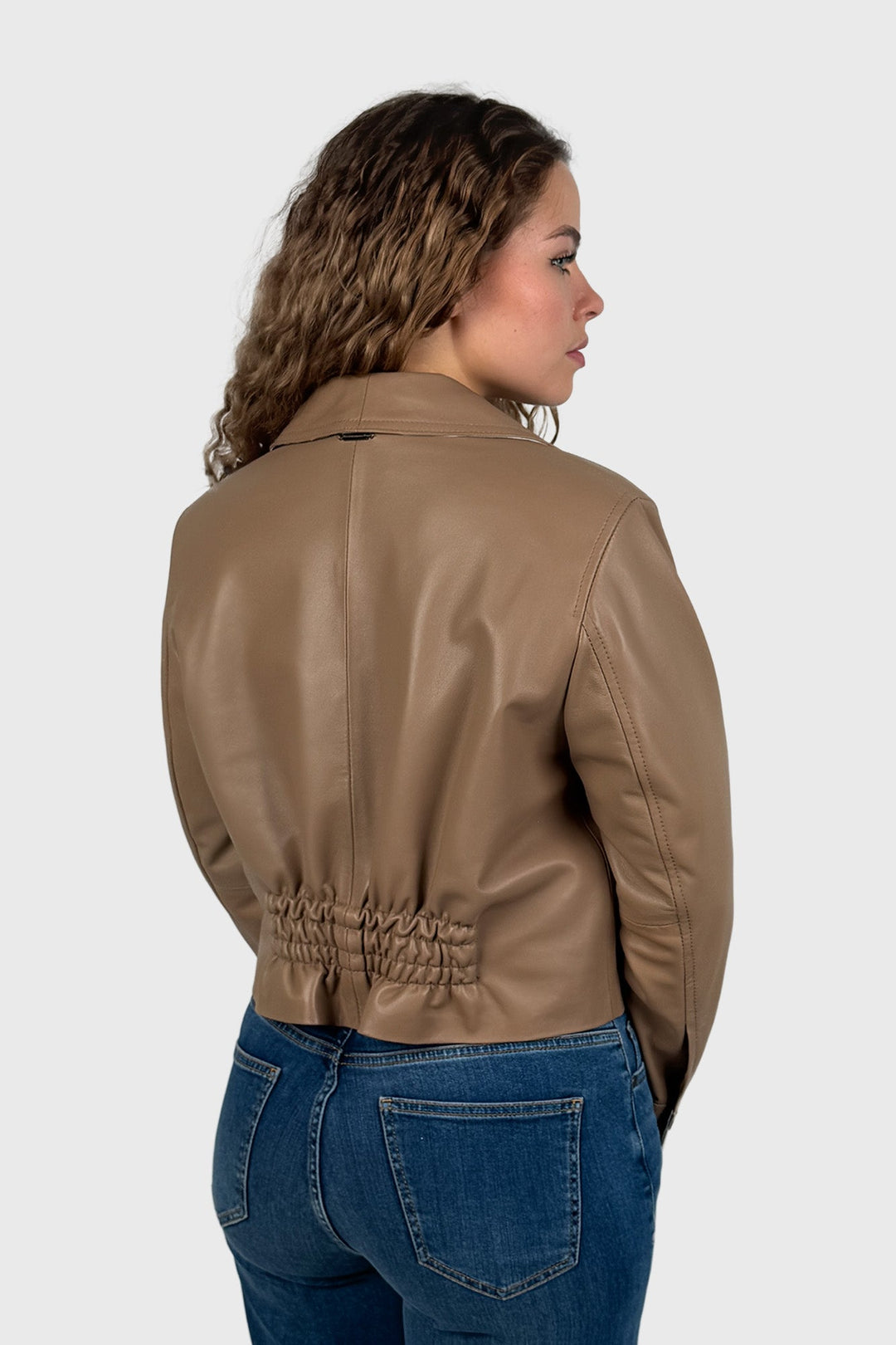 Cropped Leather Jacket with Gathering in Cappuccino