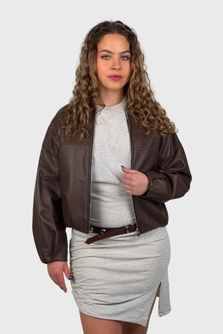 Cropped Leather Bomber Jacket in Tabasco