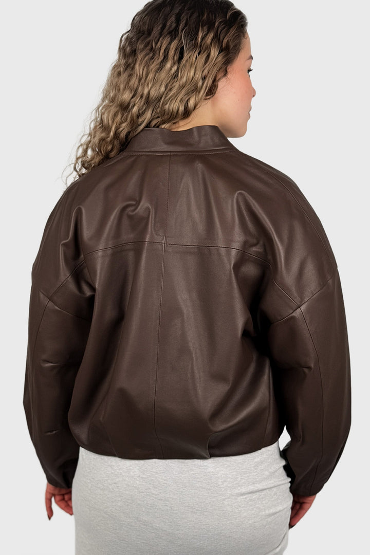 Cropped Leather Bomber Jacket in Tabasco