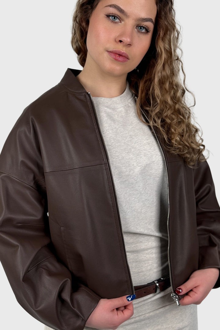 Cropped Leather Bomber Jacket in Tabasco