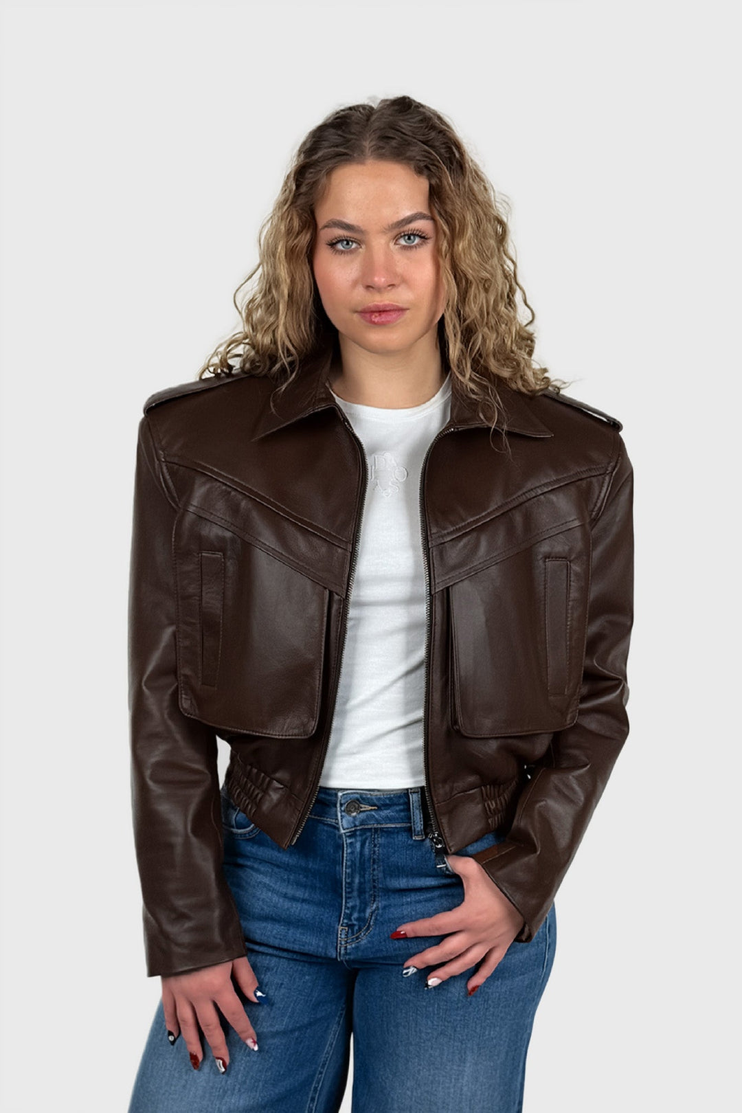 Short Leather Bomber Jacket in Dark Brown