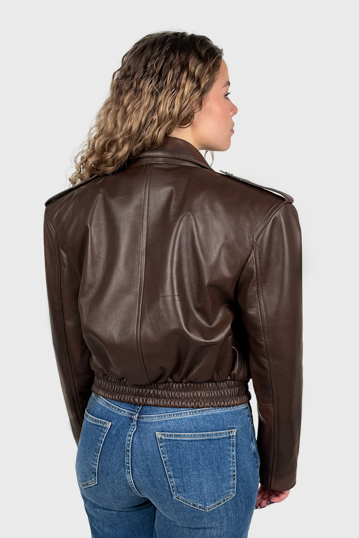 Short Leather Bomber Jacket in Dark Brown