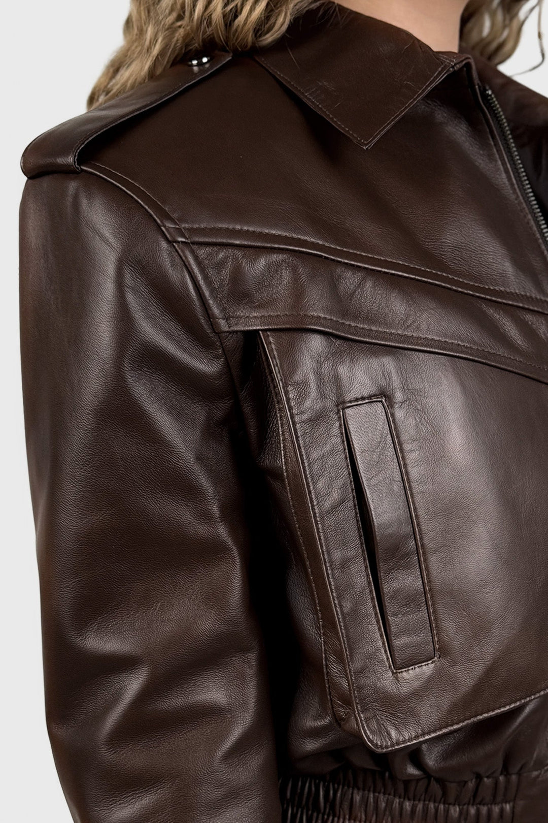 Short Leather Bomber Jacket in Dark Brown