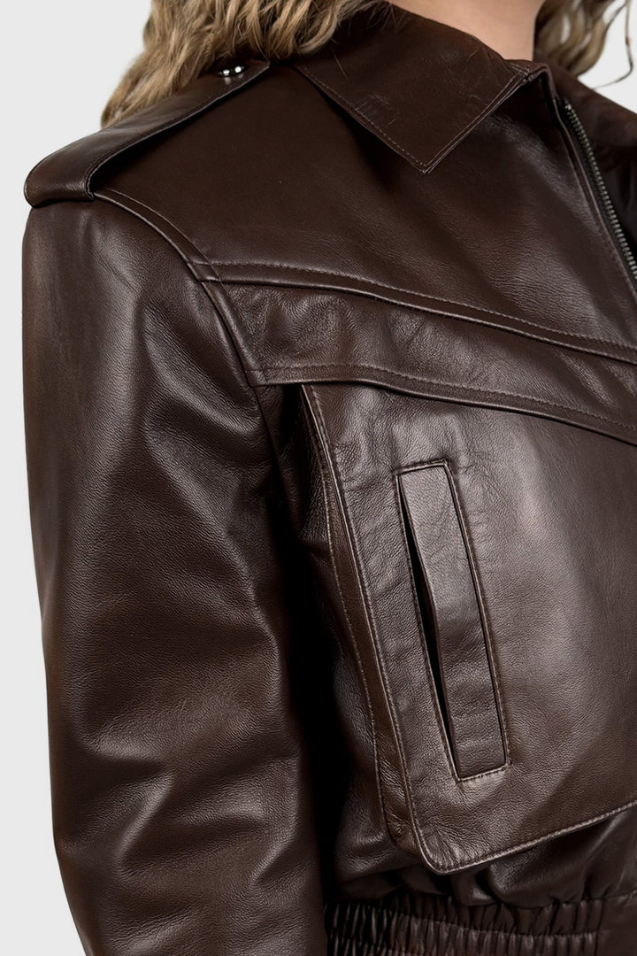 Short Leather Bomber Jacket in Dark Brown