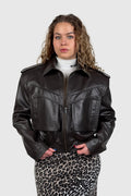 Cropped Chocolate Leather Jacket with Wide Shoulders