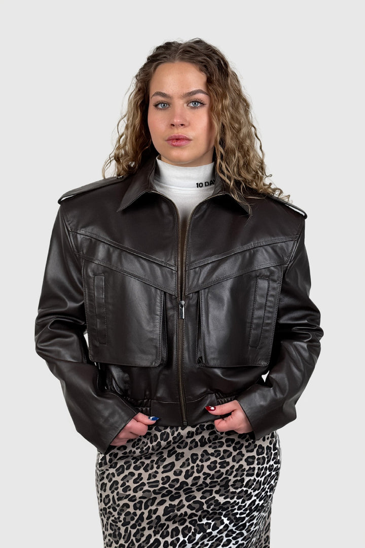 Cropped Chocolate Leather Jacket with Wide Shoulders