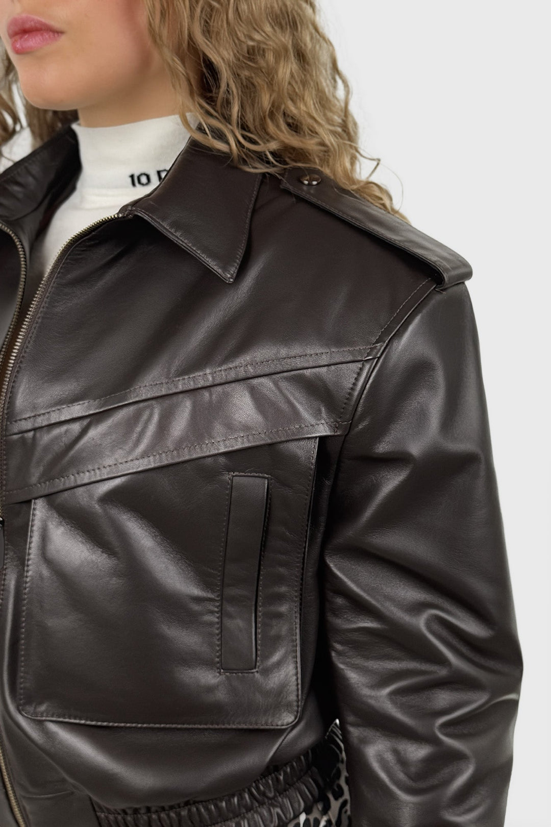 Cropped Chocolate Leather Jacket with Wide Shoulders