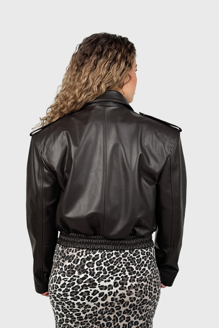 Cropped Chocolate Leather Jacket with Wide Shoulders