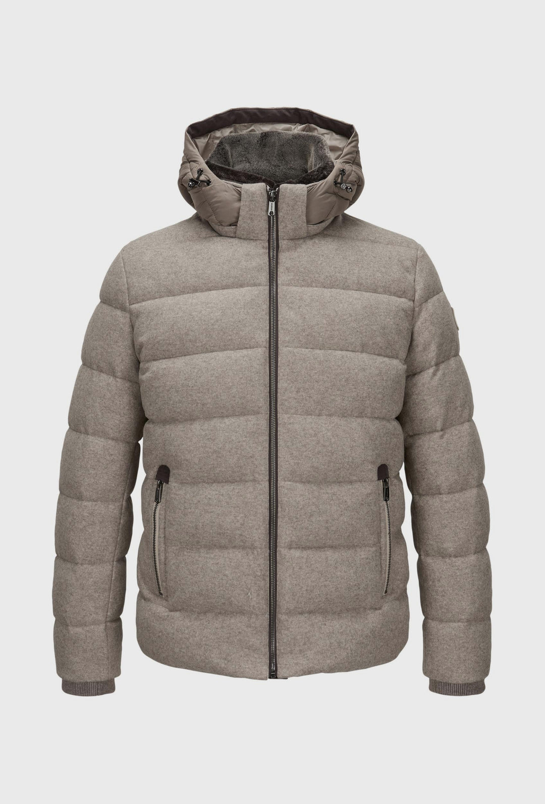 Beige Down Jacket with a Hood and Fur-Trimmed Collar