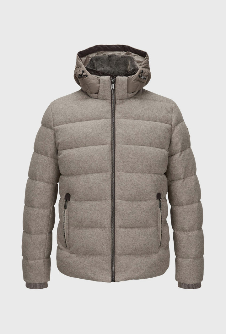 Beige Down Jacket with a Hood and Fur-Trimmed Collar