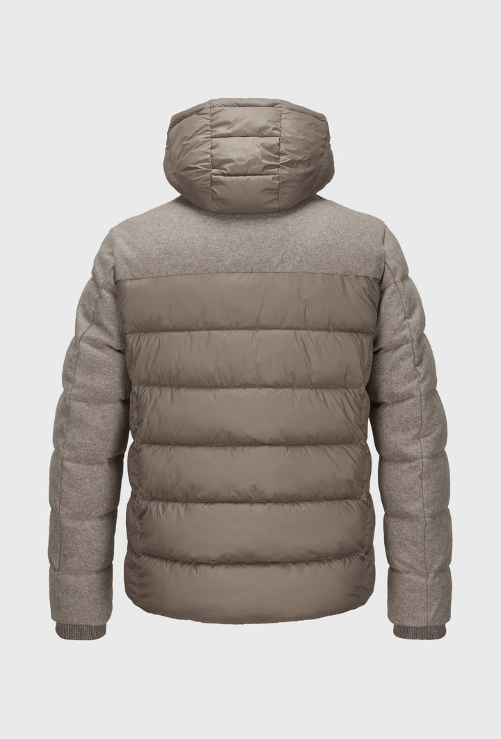 Beige Down Jacket with a Hood and Fur-Trimmed Collar