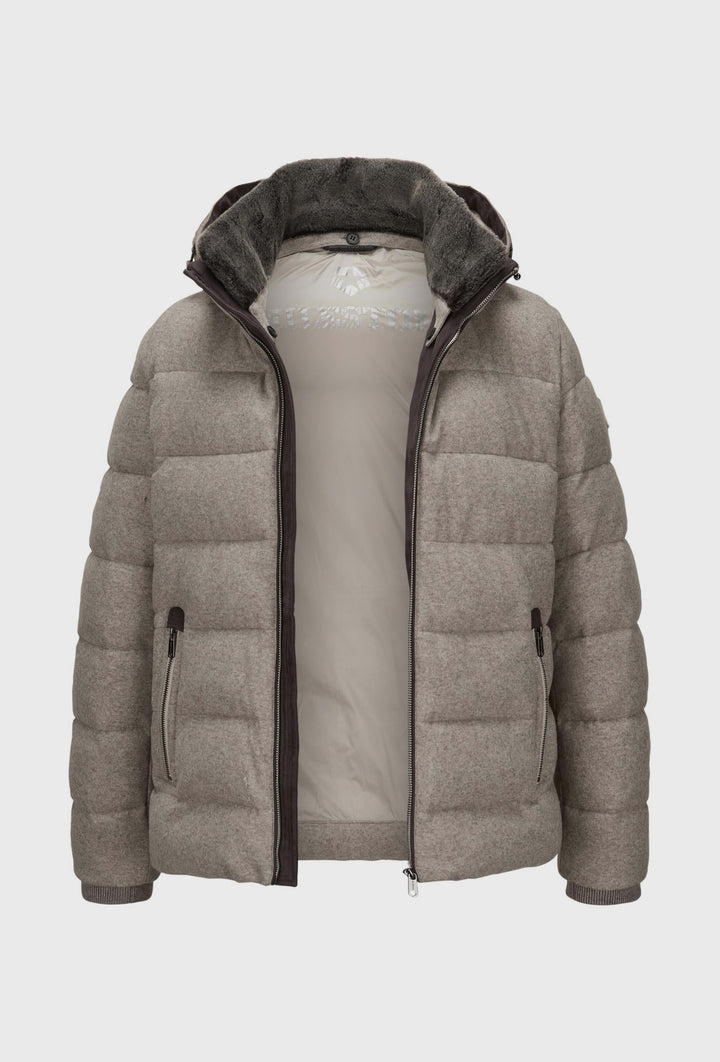 Beige Down Jacket with a Hood and Fur-Trimmed Collar