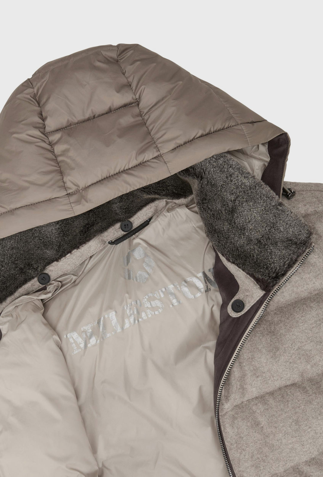Beige Down Jacket with a Hood and Fur-Trimmed Collar