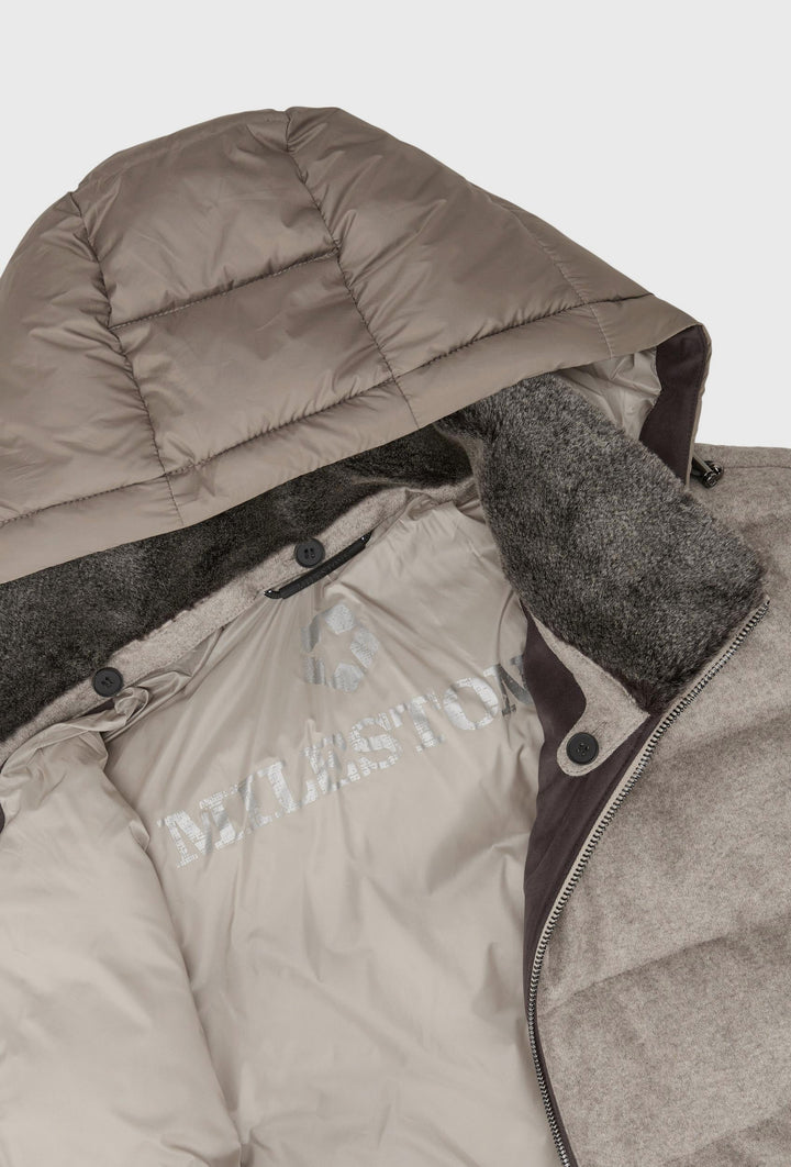 Beige Down Jacket with a Hood and Fur-Trimmed Collar