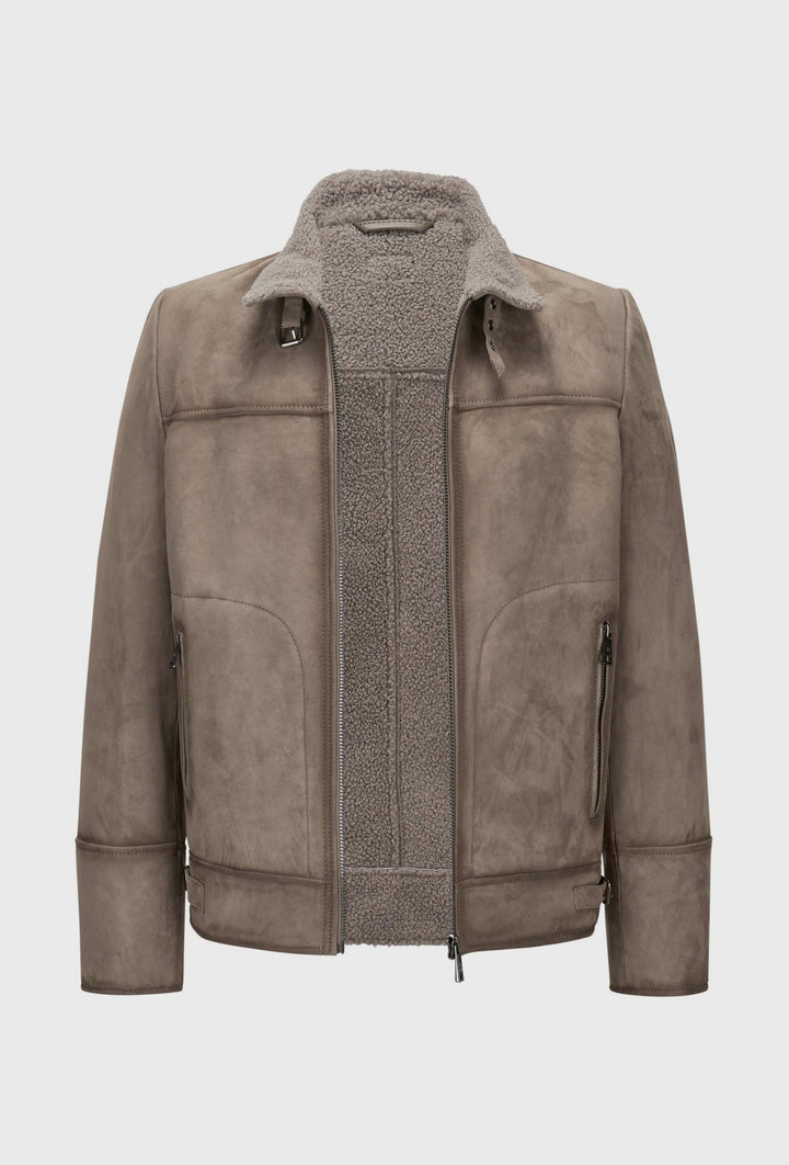 Beige Pilot Jacket with Shearling Trim
