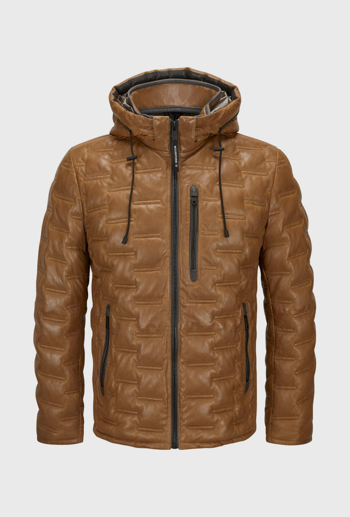 Cognac Quilted Leather Jacket with a Hood