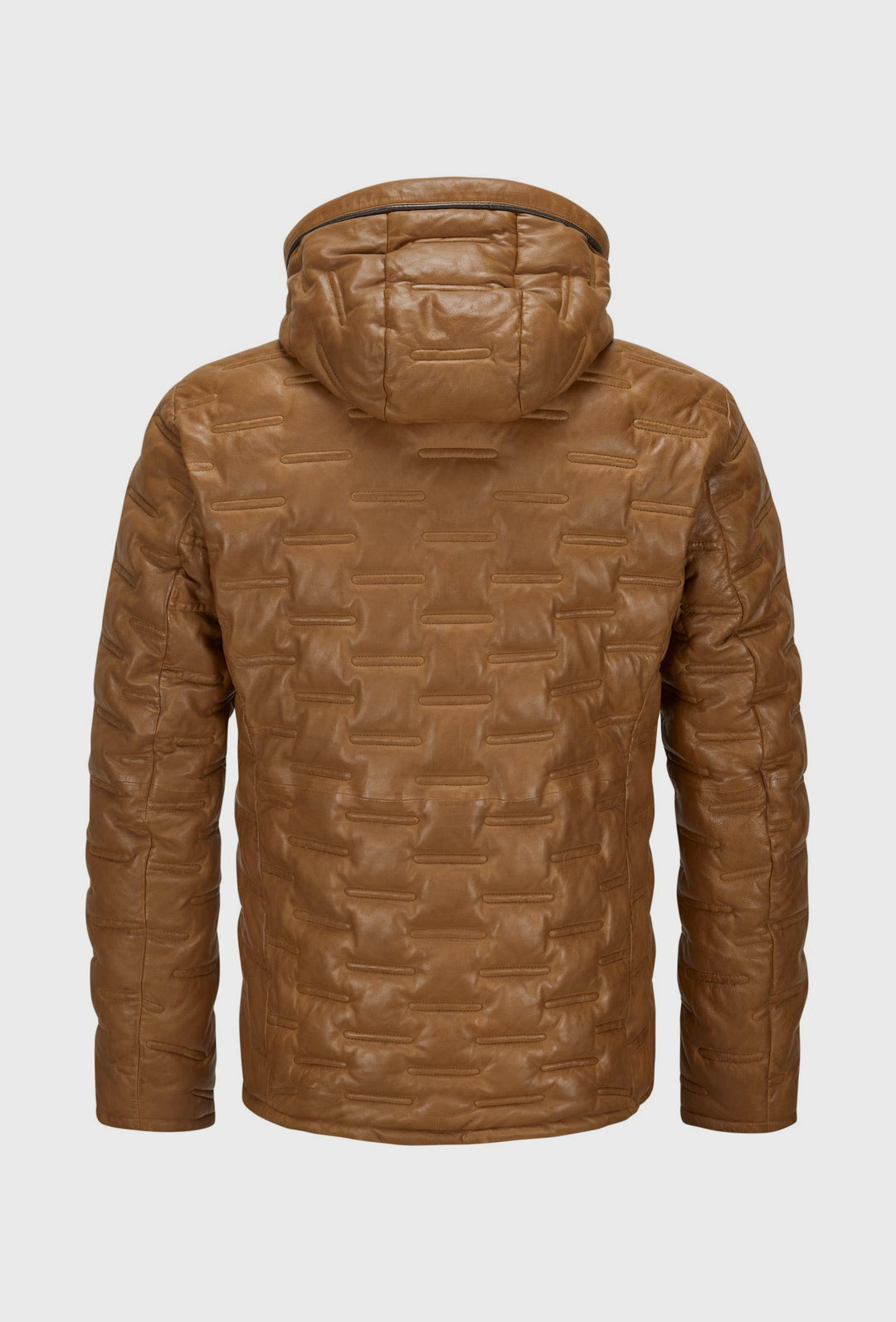 Cognac Quilted Leather Jacket with a Hood