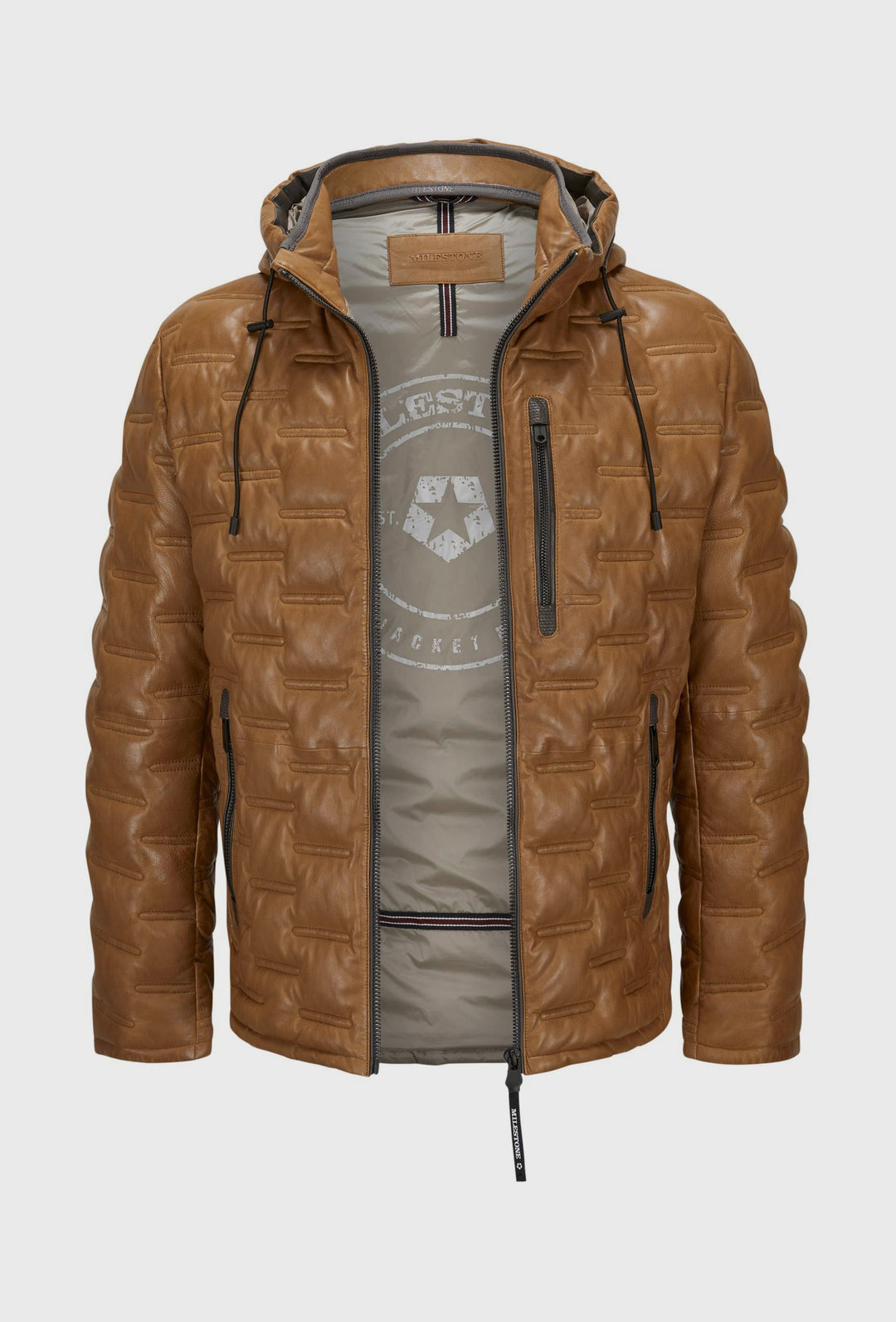 Cognac Quilted Leather Jacket with a Hood