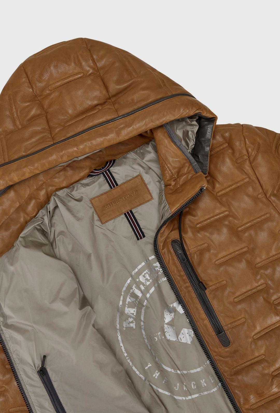 Cognac Quilted Leather Jacket with a Hood