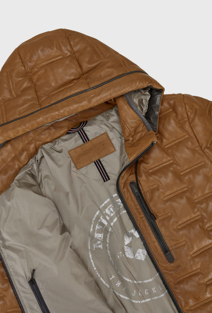 Cognac Quilted Leather Jacket with a Hood